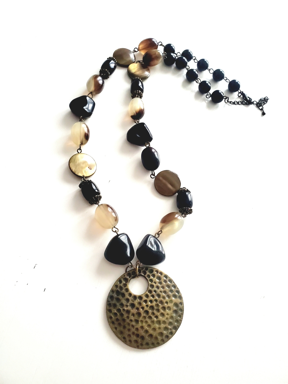 Black and Brown Beaded Necklace with Textured Disc Pendant -90s
